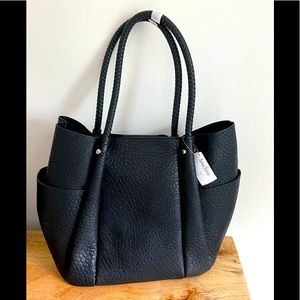 Black Pebbled Pleather Tote Bag With Silver Hardware